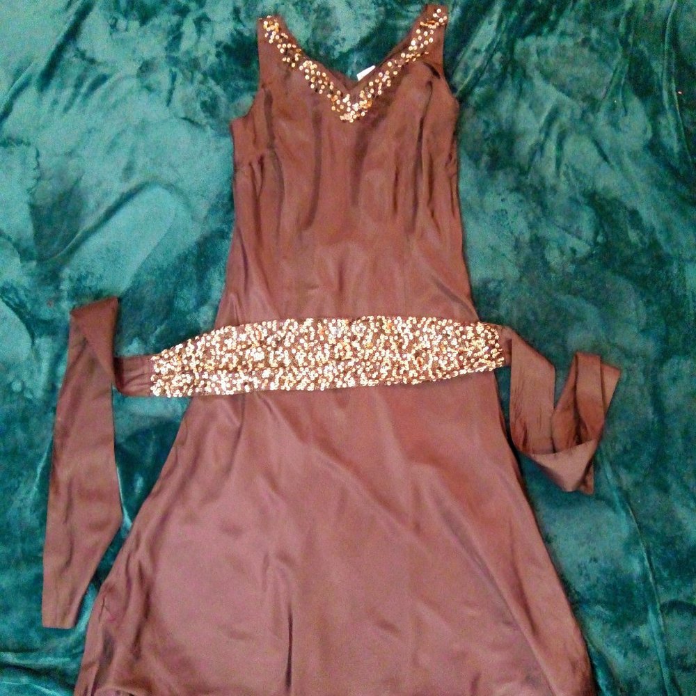 Silk Beaded Dress in Brown by Vents d'Ailleurs Sz 12 NWT